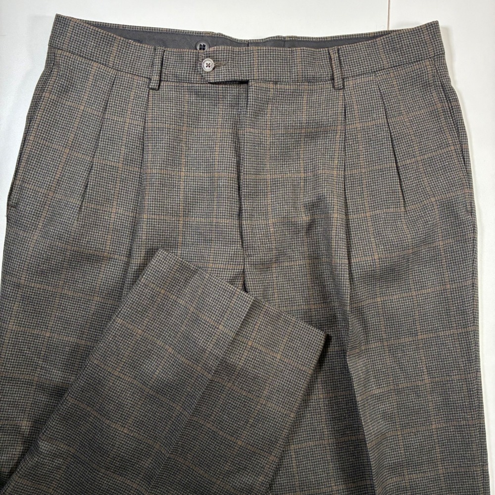 Vintage Jos A Bank Wool Dress Pants‎ 35x27 Brown Glen Plaid Houndstooth Pleated